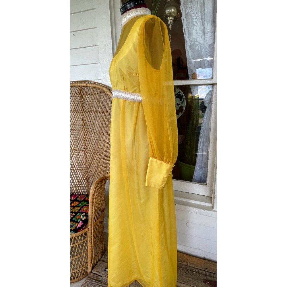 Vintage 1970s Mustard Yellow Sheer Nylon Maxi Dress Size M - Picture 7 of 16